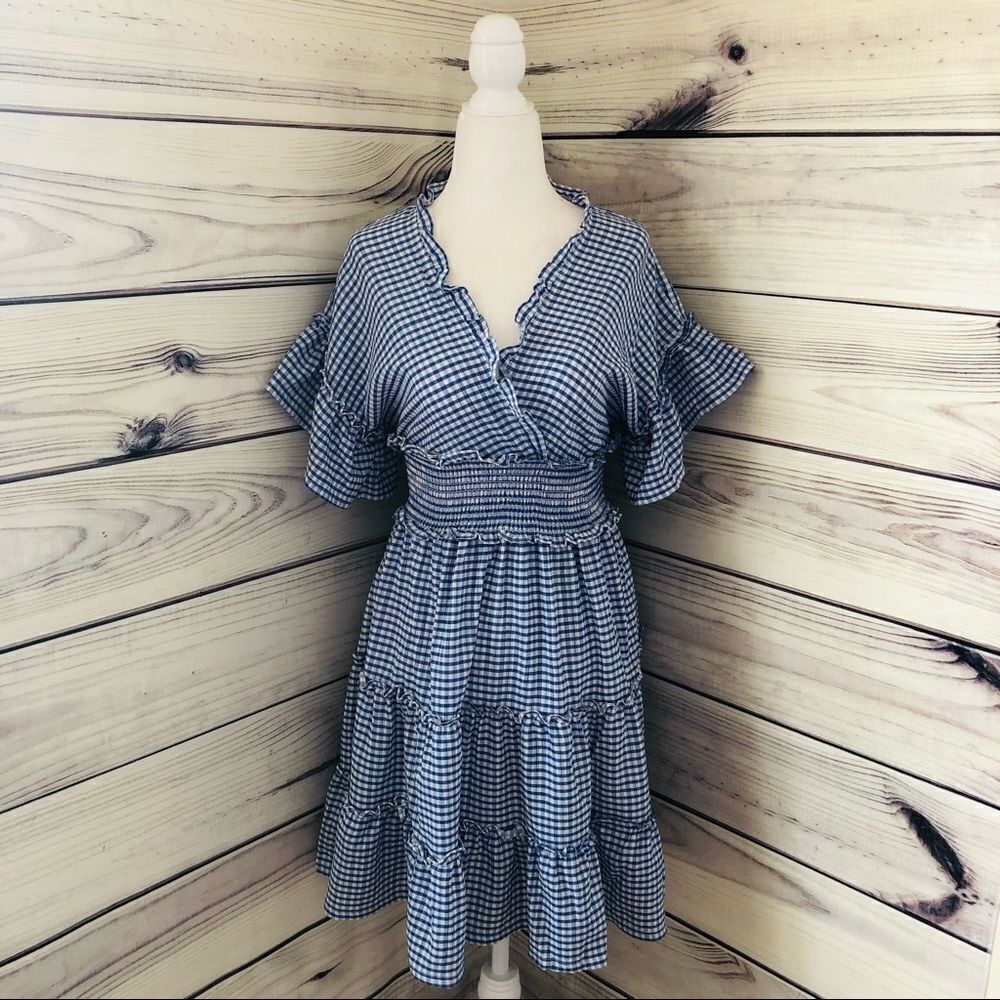 MAX Studio Blue & White Gingham Smocked Waist Tiered Dress Size XS NWT